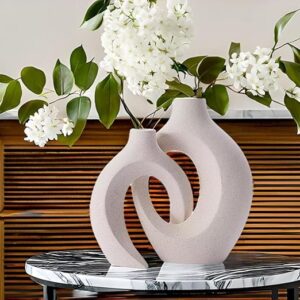 White Ceramic Vases, Set of 2, Round Hollow, Modern Flower Vase for Home Decor, Boho Style,