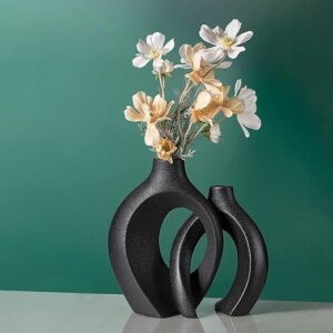 Black Hollow Ceramic Vase Set of 2, Snuggle Round Boho Donut Modern Vase