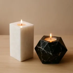 Marble Candle Holder Set (Pair of 2) – White & Black Stone Tealight Holders | Handmade Modern Home Decor | Luxury Gift for Home or Events