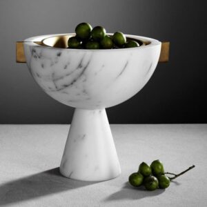 Pedestal Bowl | Handmade White Turkish Marble | Modern Stone Centerpiece | Decorative Sculpture for Table & Home