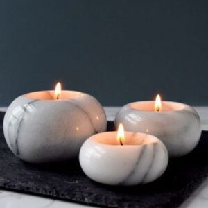 Candle Holder | Vintage Polished Round Marble Tea Light Candleholder Set of 3, Organic Modern Shelf Table Home Decor, Natural Stone Mood Lighting