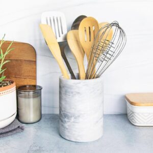 Marble Utensil Holder for Kitchen Countertop – Stationery Jar | Modern Stone Cooking Tool Organizer – White Spoon Crock – Minimalist Kitchen Decor